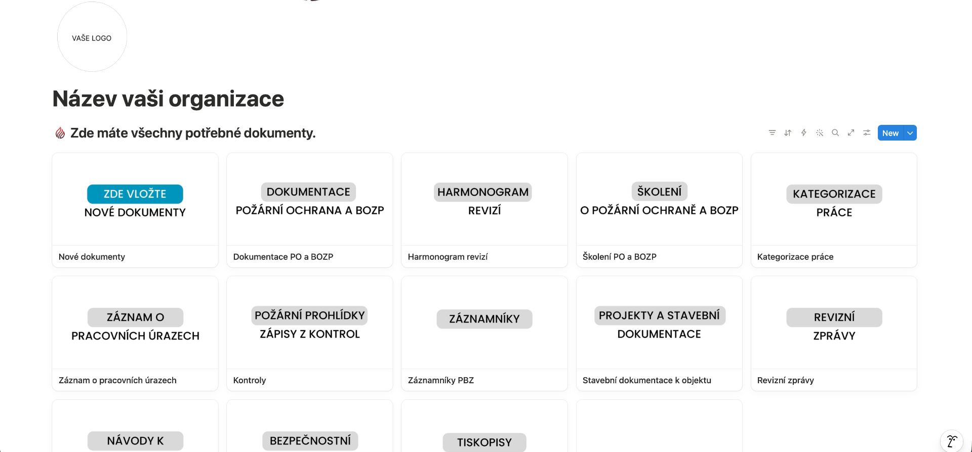 Hlavní přehledový dashboard organizace